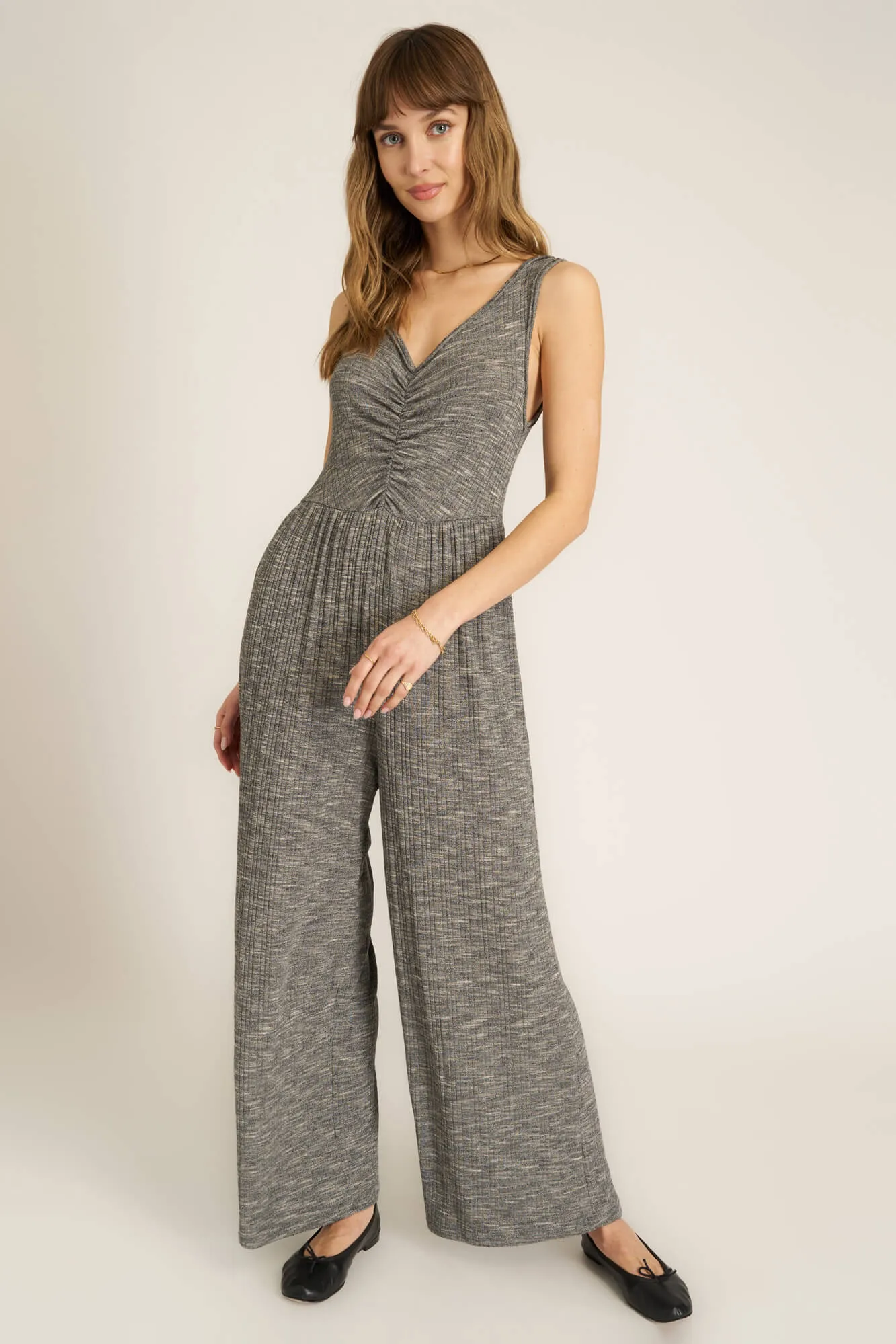 Sweetest Thing Heathered Ruched Jumpsuit - Mother of Pearl