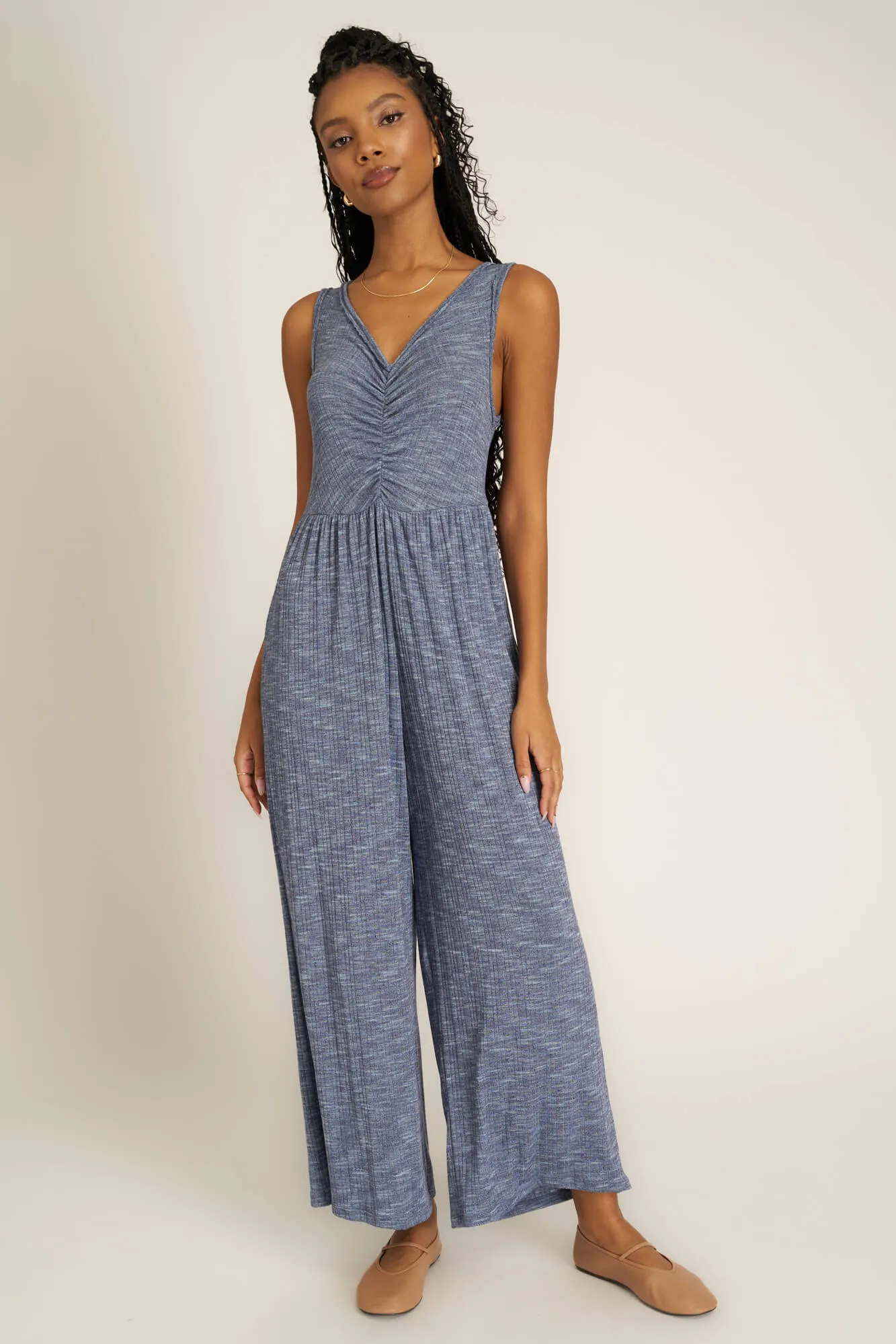 Sweetest Thing Heathered Ruched Jumpsuit - Rich Indigo