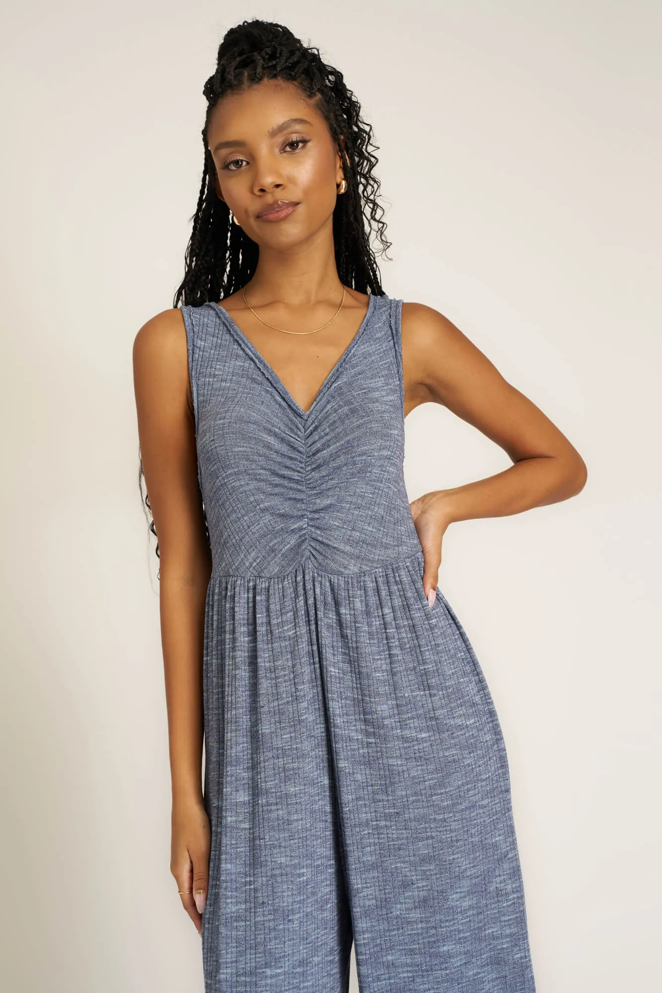 Sweetest Thing Heathered Ruched Jumpsuit - Rich Indigo