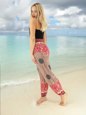 Unisex Harem Yoga Hippie Boho Pants in Pink With Blue Floral Print M