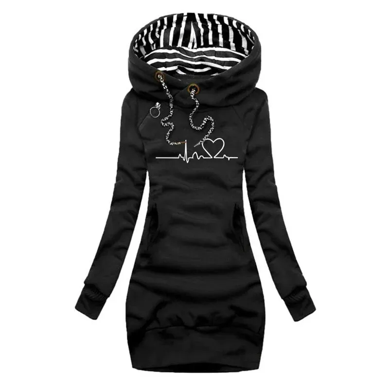 Women Fashion Long Sleeve Hoodie Dresses Autumn Winter Slim Fit Pullovers Long Sweatshirt