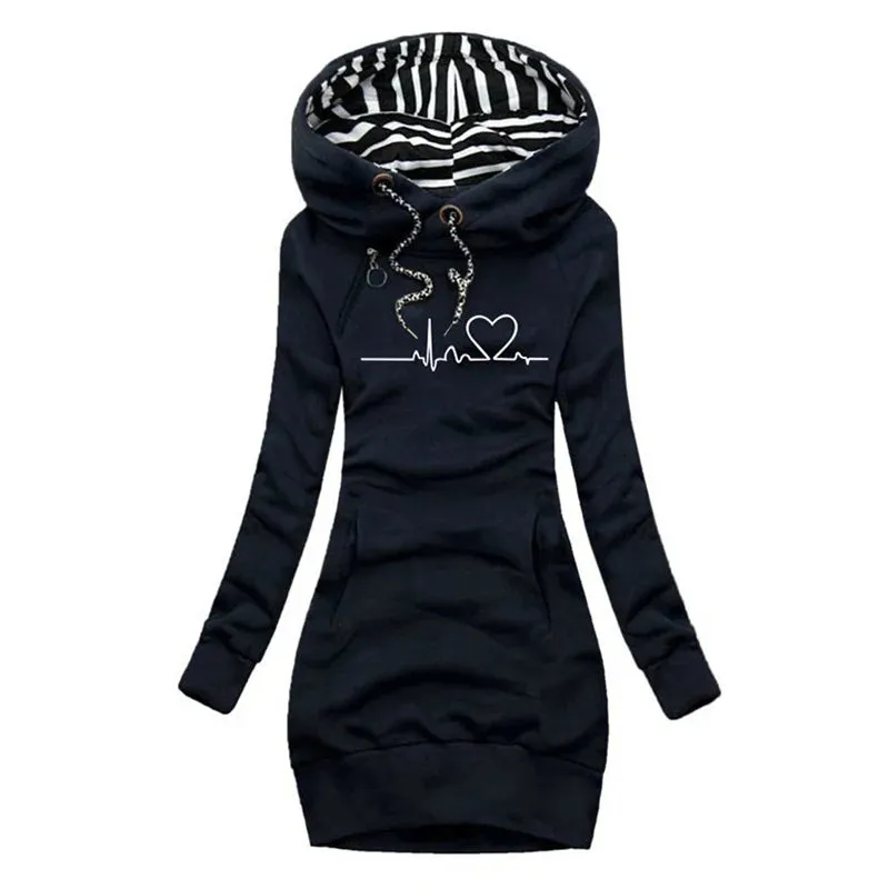 Women Fashion Long Sleeve Hoodie Dresses Autumn Winter Slim Fit Pullovers Long Sweatshirt