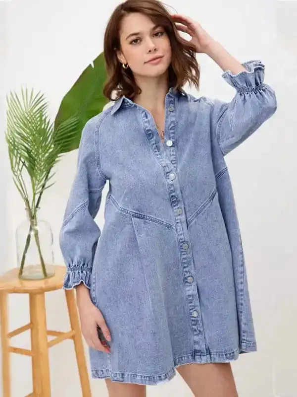 Women’s Casual Loose Denim Balloon Sleeve Long Sleeve Dress