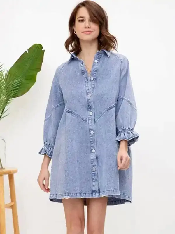 Women’s Casual Loose Denim Balloon Sleeve Long Sleeve Dress