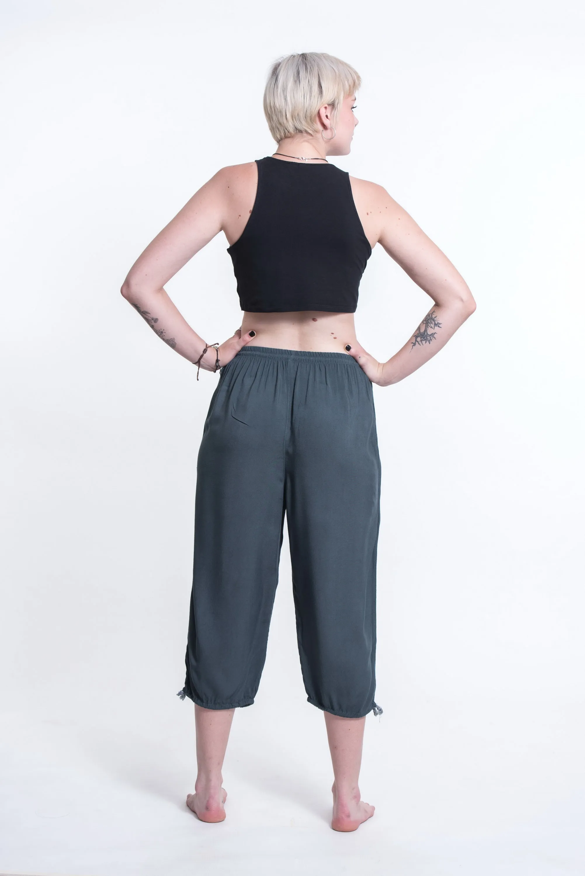 Womens Solid Color Drawstring Cropped Pants in Dark Teal