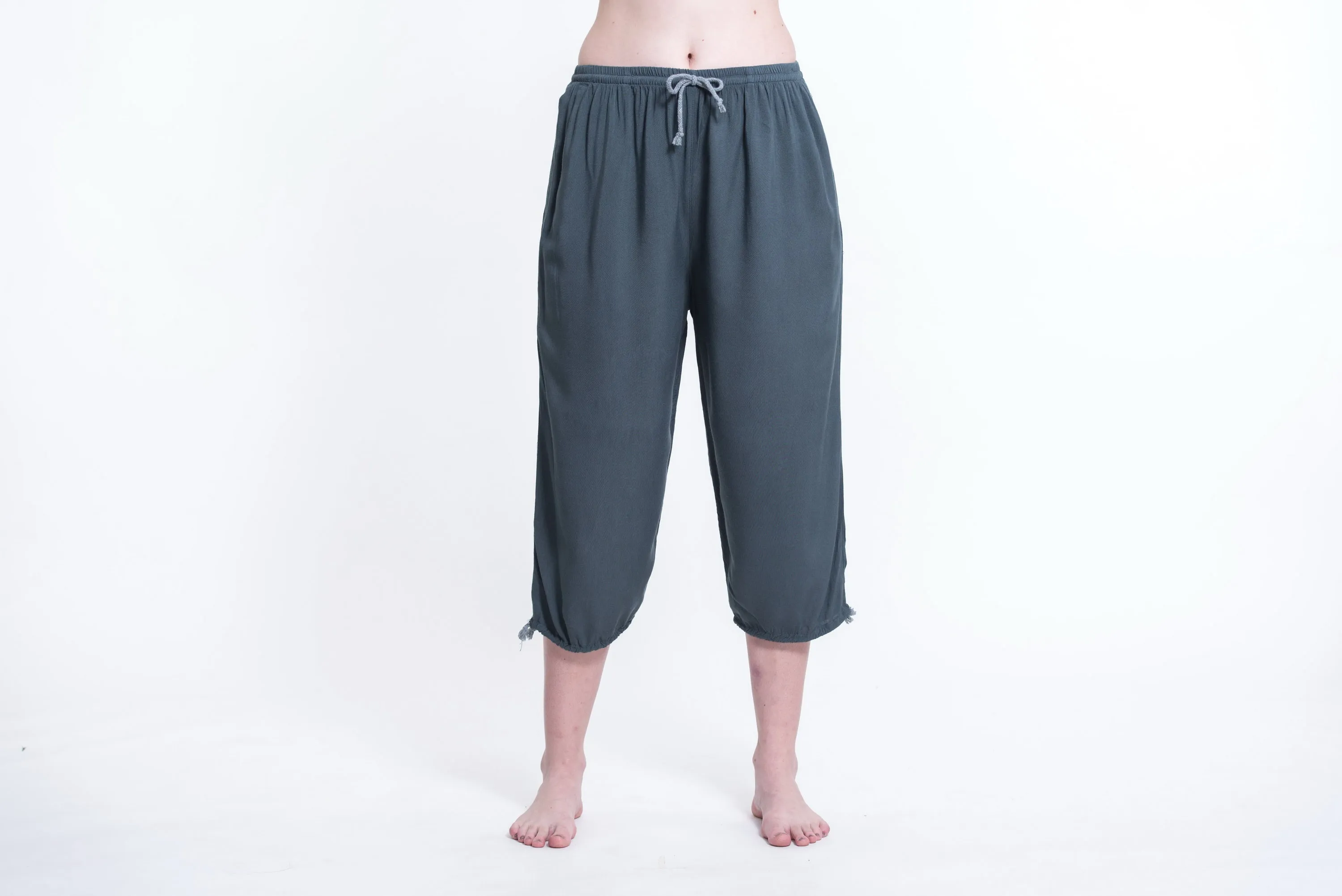 Womens Solid Color Drawstring Cropped Pants in Dark Teal